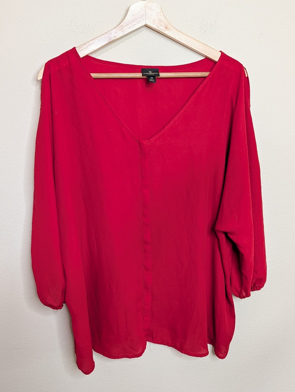 Worthington Woman Red Chiffon Blouse 1X Cold Shoulder Bishop Sleeve